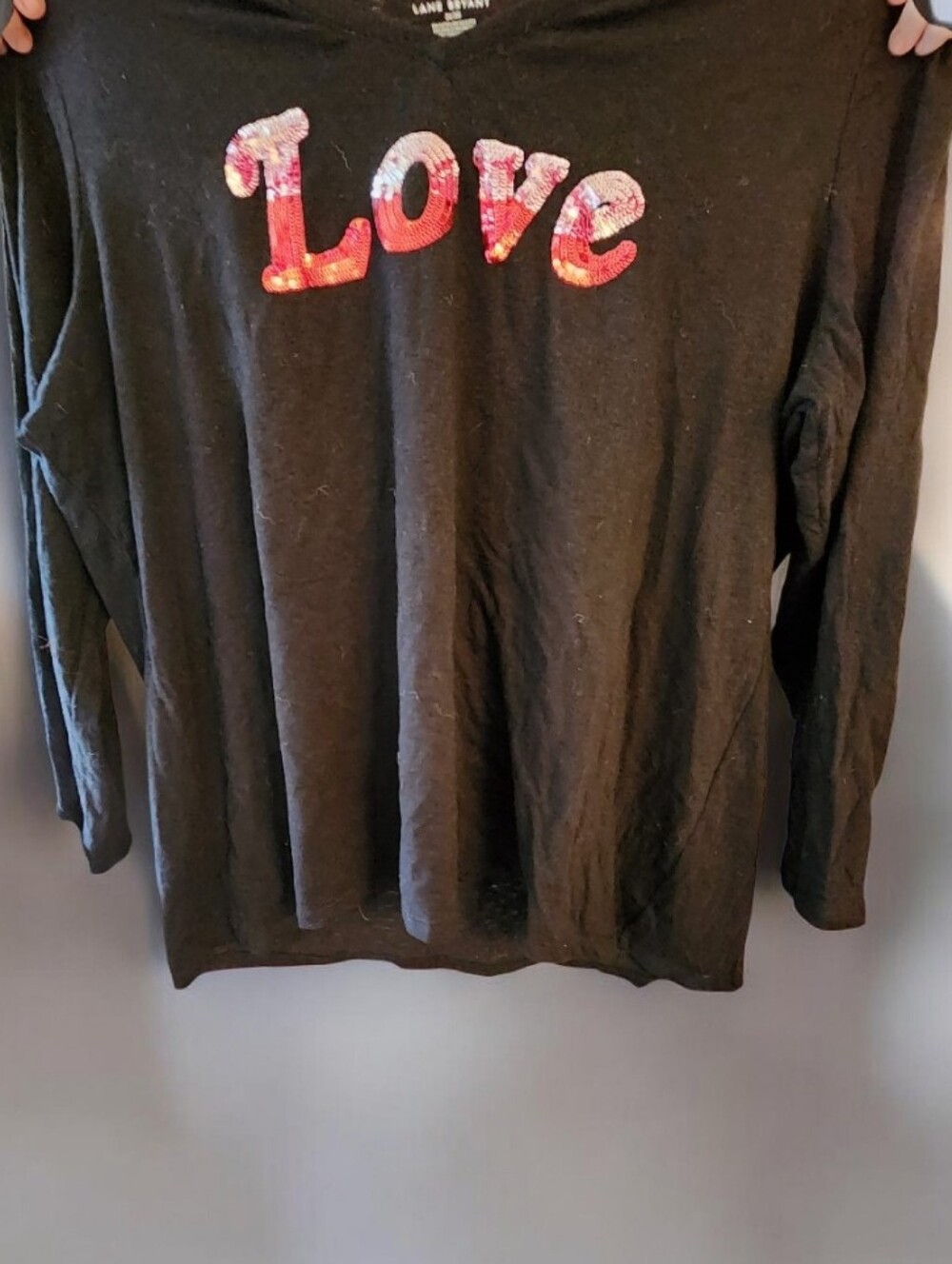 Lane Bryant Black Long Sleeve Tee with Pink/Red Sequin "Love"